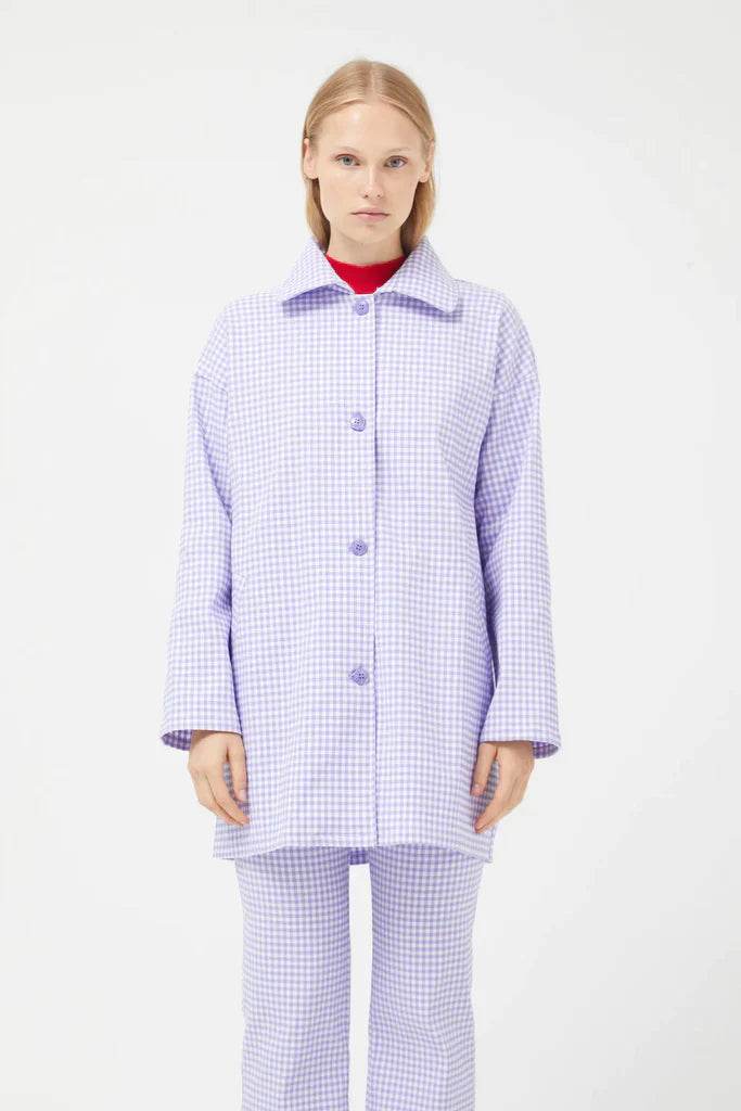 Compania Fantastica Straight lilac gingham check pants & Lilac gingham neoprene trench coat - One Revolver Surfboards