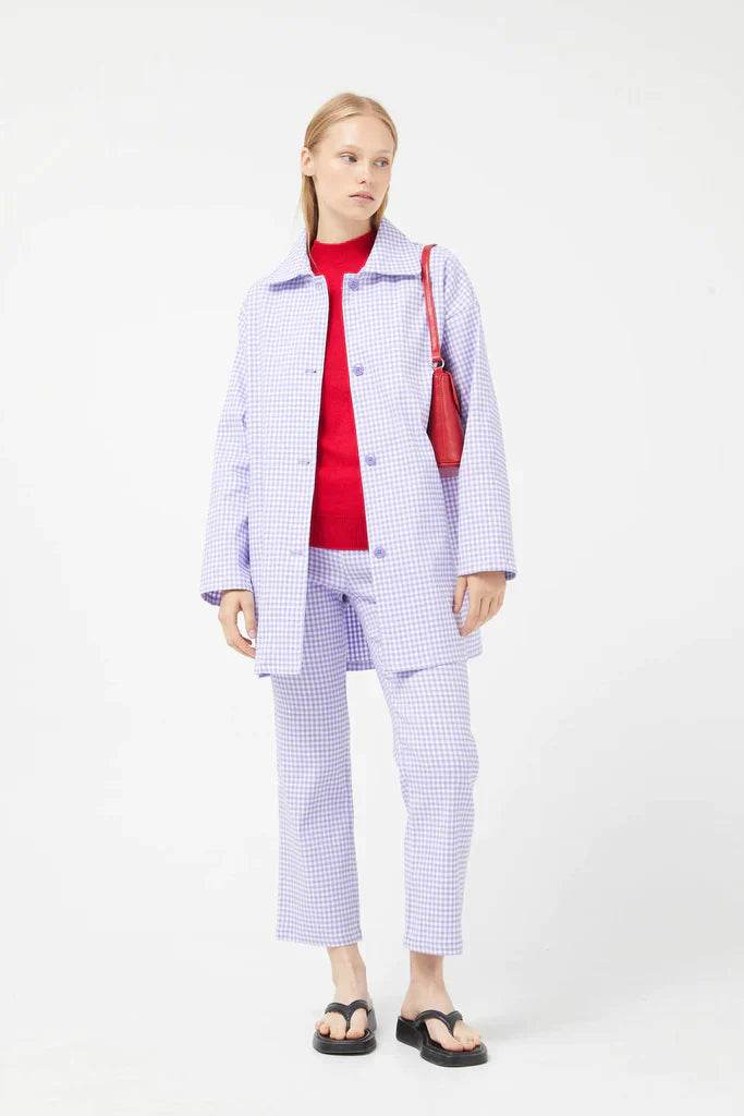 Compania Fantastica Straight lilac gingham check pants & Lilac gingham neoprene trench coat - One Revolver Surfboards