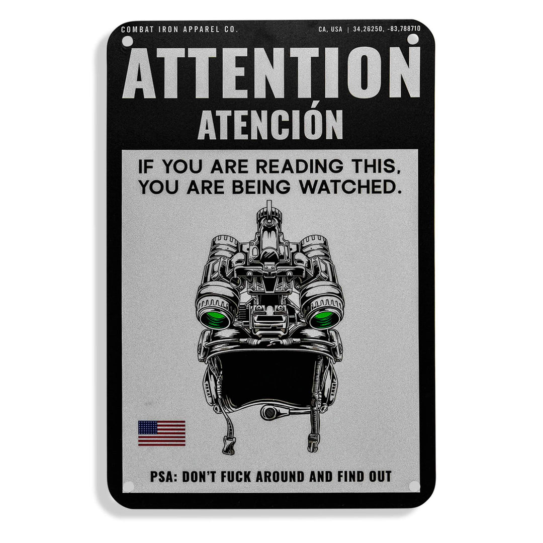 Attention You Are Being Watched Wall Mounted Metal Sign - One Revolver Surfboards