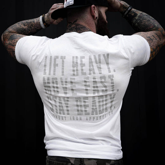 Original Motto: Lift Heavy. Move Fast. Stay Deadly. Men's T-Shirt - One Revolver Surfboards