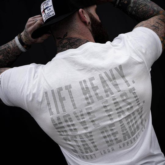 Original Motto: Lift Heavy. Move Fast. Stay Deadly. Men's T-Shirt - One Revolver Surfboards