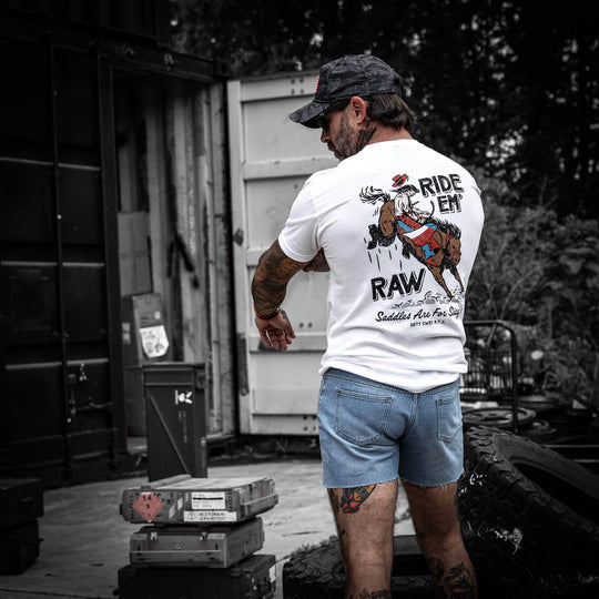 Ride 'Em Raw - Saddles Are For Sissy's Men's T-Shirt - One Revolver Surfboards