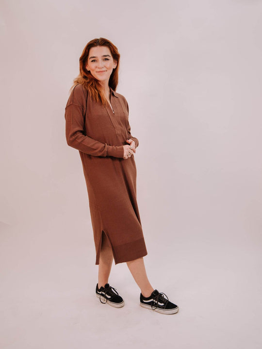By Together Knit Sweater Long Sleeve Collar Neck Dress - Chocolate - One Revolver Surfboards