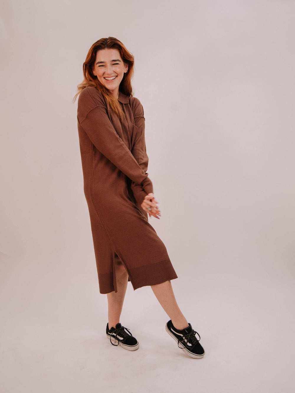 By Together Knit Sweater Long Sleeve Collar Neck Dress - Chocolate - One Revolver Surfboards