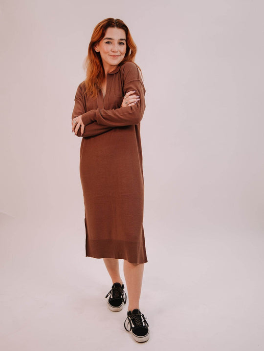 By Together Knit Sweater Long Sleeve Collar Neck Dress - Chocolate - One Revolver Surfboards