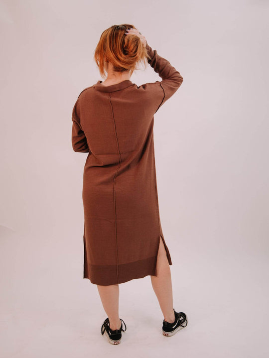 By Together Knit Sweater Long Sleeve Collar Neck Dress - Chocolate - One Revolver Surfboards