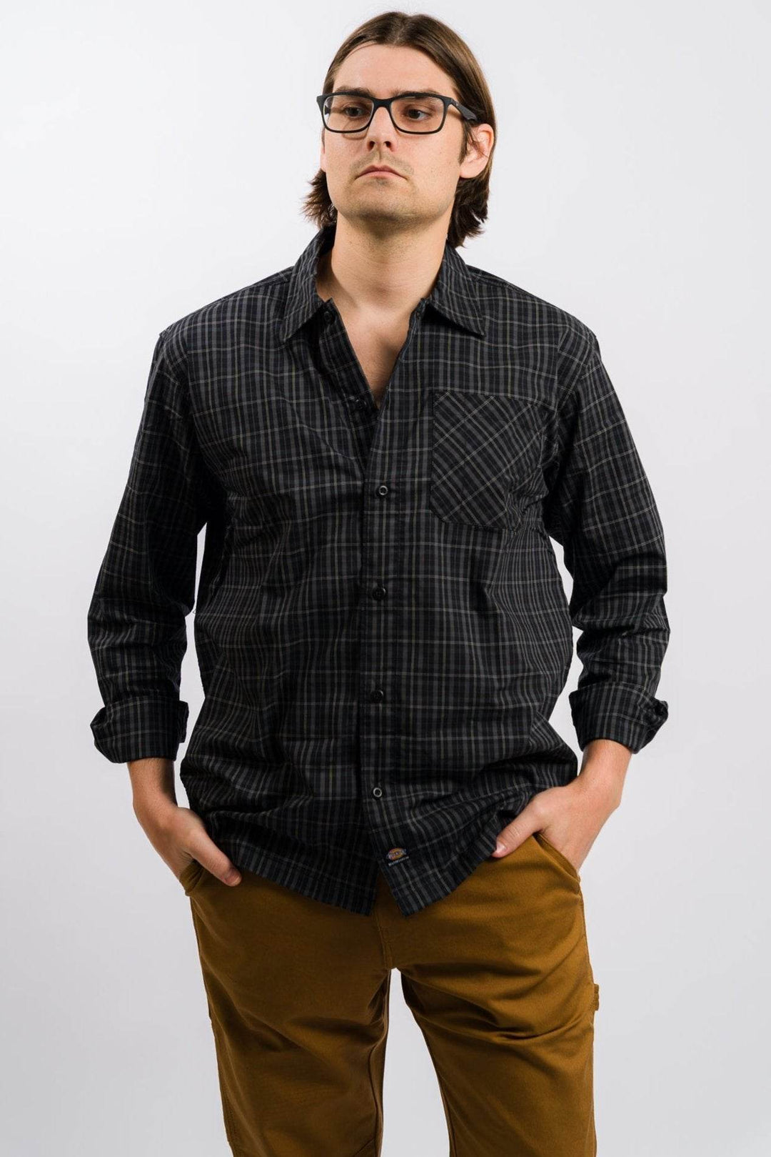 Dickies Skateboarding Woven Plaid Poplin Long Sleeve Shirt - Black - One Revolver Surfboards