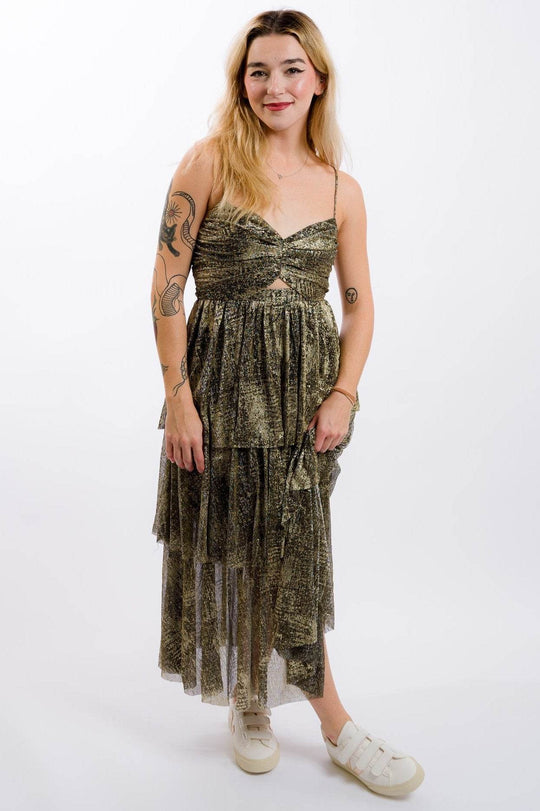 Moon River Metallic Cut-Out Tiered Maxi Dress - Black Gold - One Revolver Surfboards