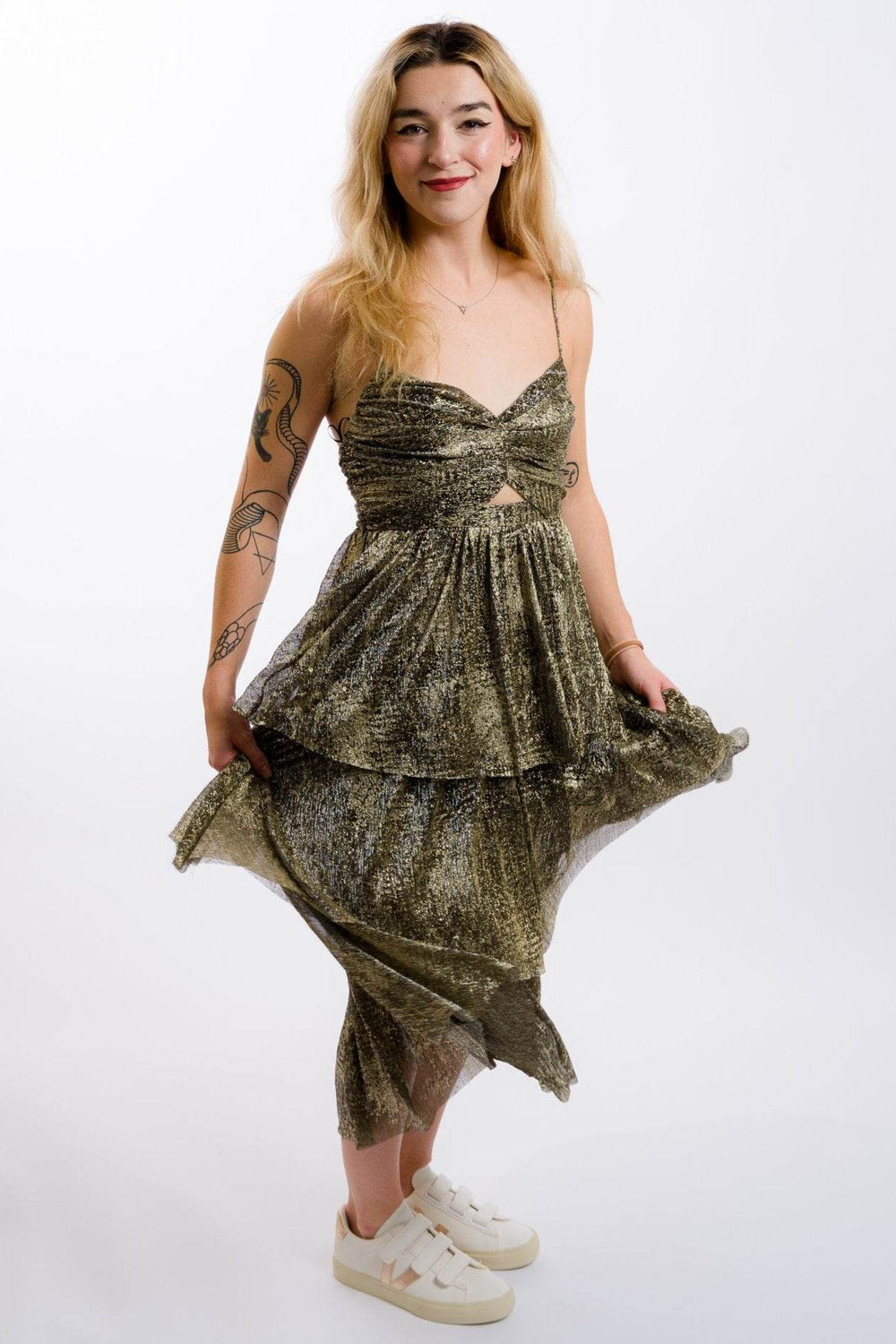 Moon River Metallic Cut-Out Tiered Maxi Dress - Black Gold - One Revolver Surfboards
