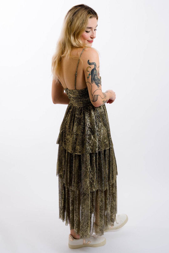 Moon River Metallic Cut-Out Tiered Maxi Dress - Black Gold - One Revolver Surfboards