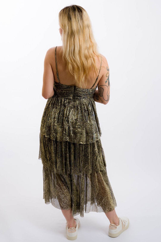 Moon River Metallic Cut-Out Tiered Maxi Dress - Black Gold - One Revolver Surfboards