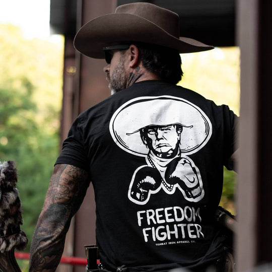 Freedom Fighter Cowboy President Trump Men's T-Shirt - One Revolver Surfboards