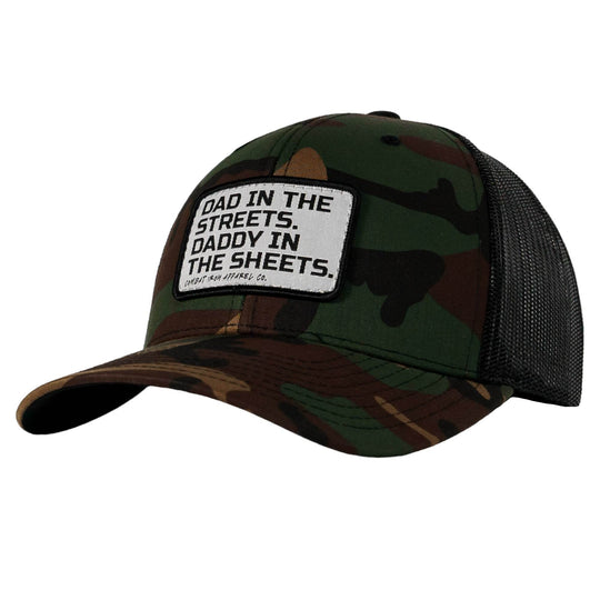 Dad In The Streets. Daddy In The Sheets. White Patch Snapback Hat - One Revolver Surfboards