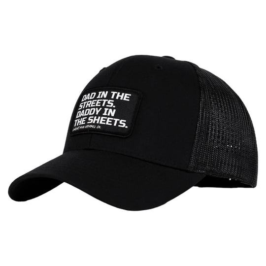 Dad In The Streets. Daddy In The Sheets. Black Patch Snapback Hat - One Revolver Surfboards