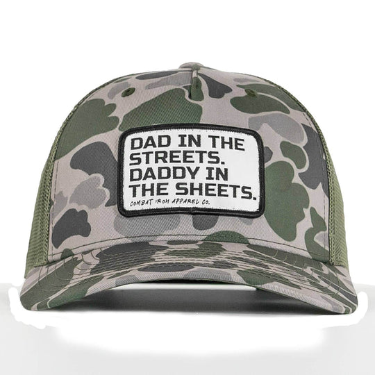 Dad In The Streets. Daddy In The Sheets. White Patch Snapback Hat - One Revolver Surfboards
