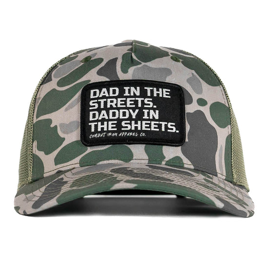 Dad In The Streets. Daddy In The Sheets. Black Patch Snapback Hat - One Revolver Surfboards