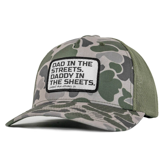 Dad In The Streets. Daddy In The Sheets. White Patch Snapback Hat - One Revolver Surfboards