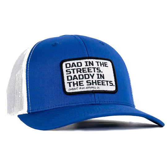 Dad In The Streets. Daddy In The Sheets. White Patch Snapback Hat - One Revolver Surfboards