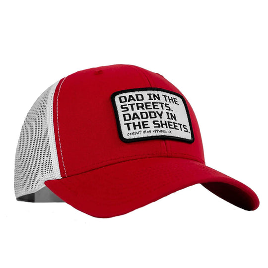 Dad In The Streets. Daddy In The Sheets. White Patch Snapback Hat - One Revolver Surfboards