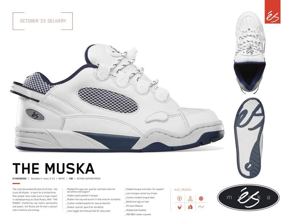 éS THE MUSKA White / Navy Skate Shoes - One Revolver Surfboards