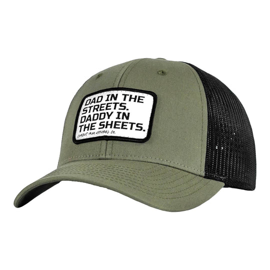Dad In The Streets. Daddy In The Sheets. White Patch Snapback Hat - One Revolver Surfboards