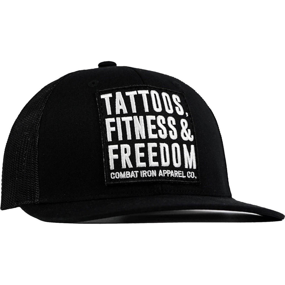 Tattoos, Fitness, & Freedom Black Patch Mid-Profile Mesh Snapback Hat - One Revolver Surfboards