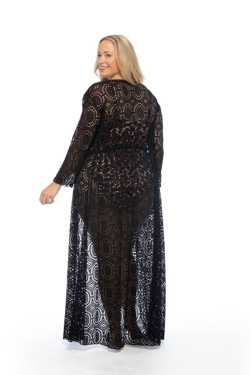 CROCHET FABRIC SOLID BLACK LONG SLEEVE KIMONO COVERUP - One Revolver Surfboards