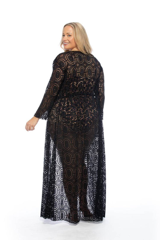 CROCHET FABRIC SOLID BLACK LONG SLEEVE KIMONO COVERUP - One Revolver Surfboards