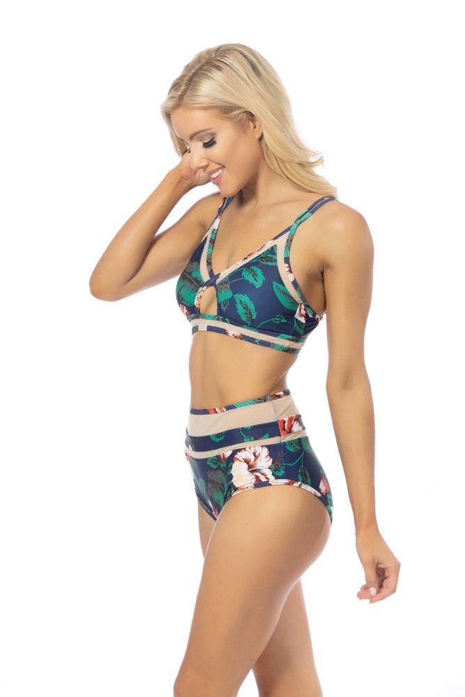 NAVY FLORAL MESH INSERTS HIGH WAIST BIKINI SET - One Revolver Surfboards
