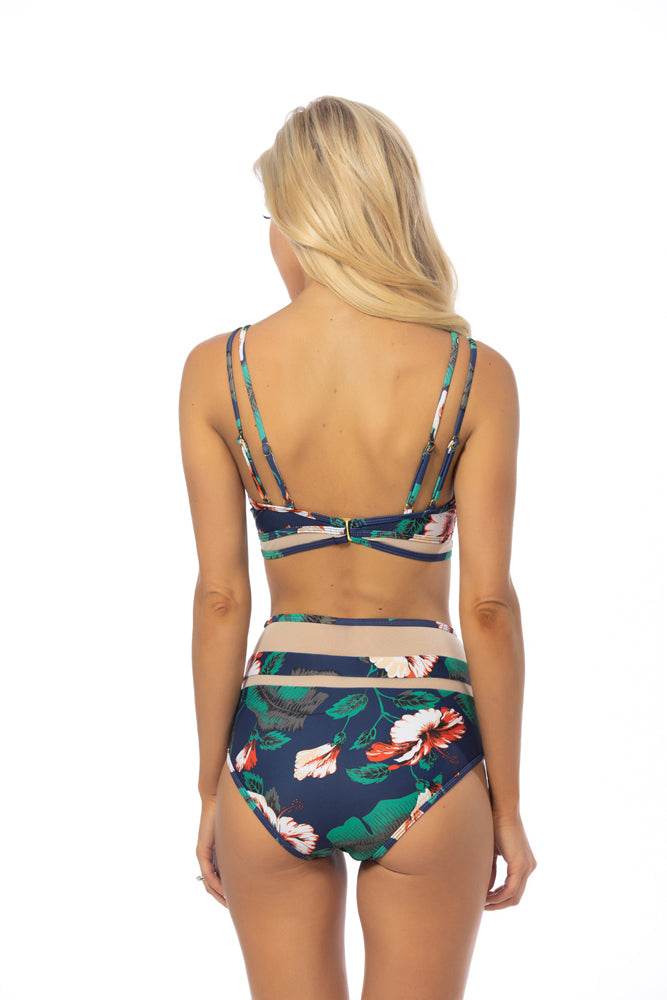 NAVY FLORAL MESH INSERTS HIGH WAIST BIKINI SET - One Revolver Surfboards