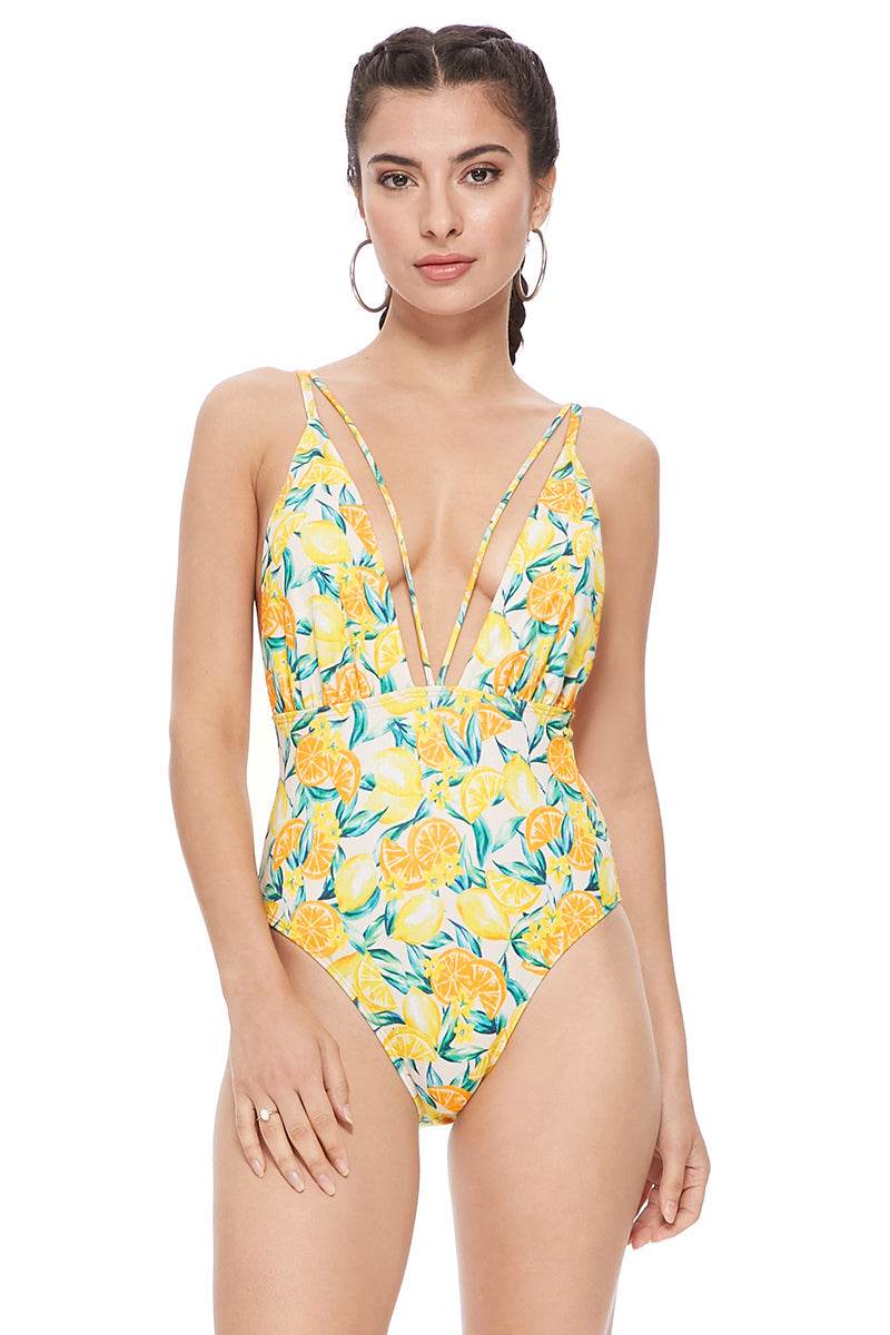 TEXTURED LEMON PRINT V FRONT MESH INSERTS ONE PIECE SWIMSUIT - One Revolver Surfboards