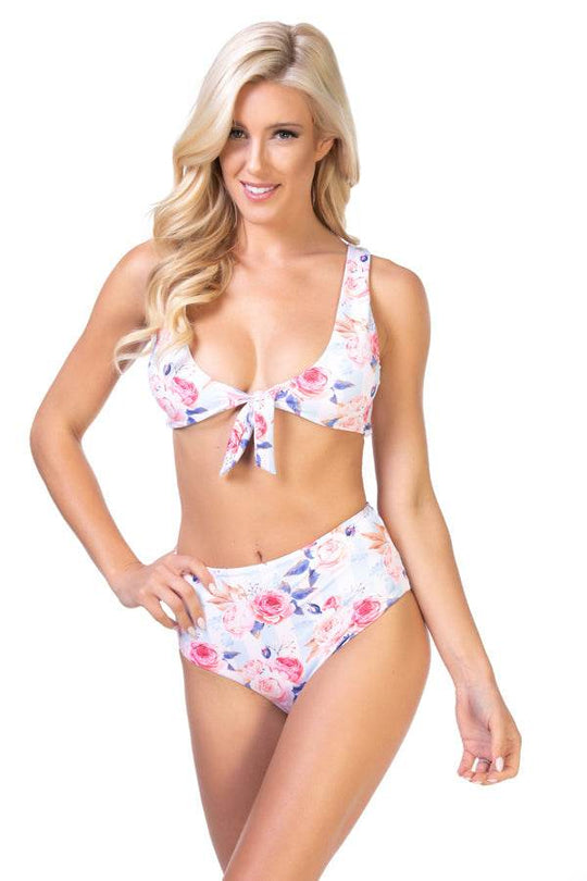 FLORAL/STRIPED HALTER TIE FORNT HIGH WAIST BIKINI SET - One Revolver Surfboards