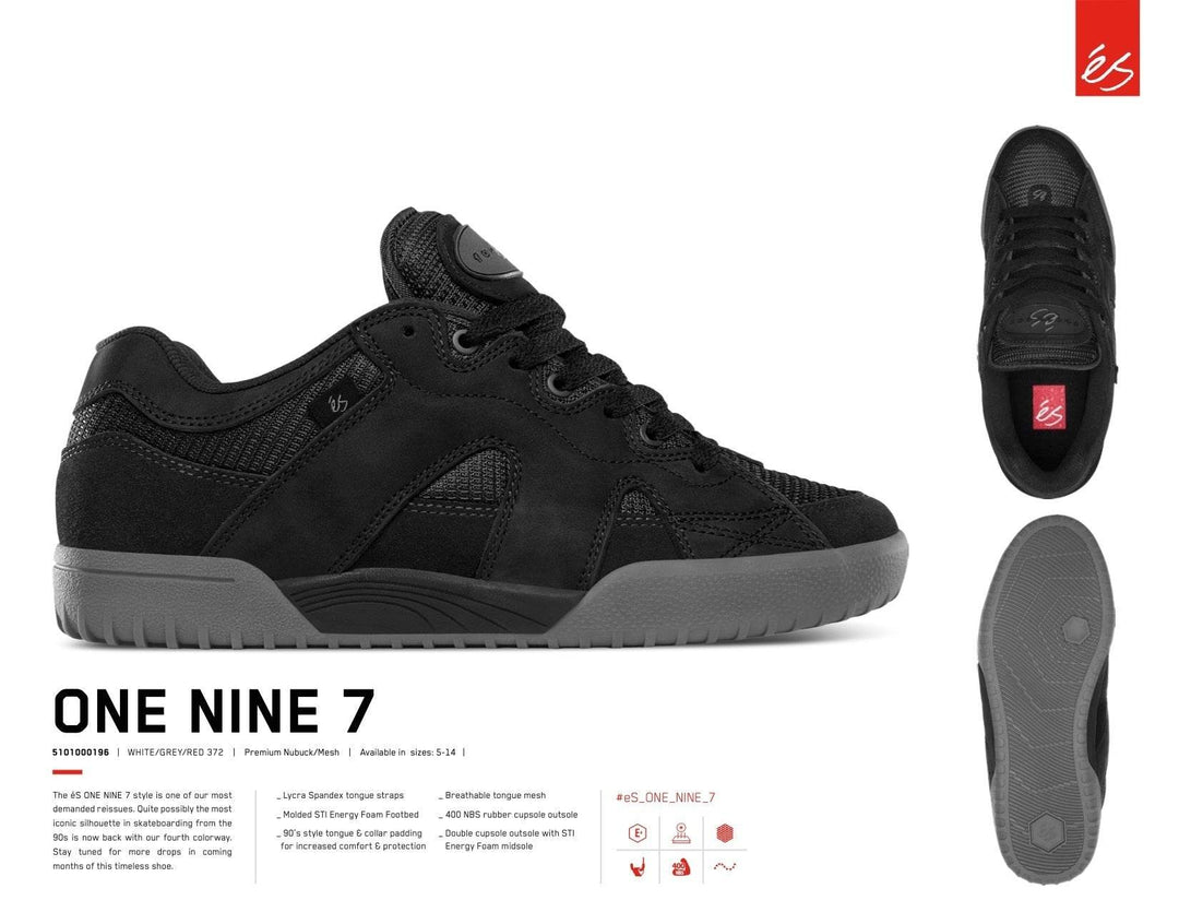 éS One Nine 7 Black / Grey Skateboard Shoes - One Revolver Surfboards