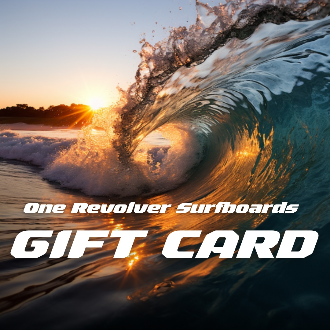 a picture of a wave with the words, one revolver surfboards gift card