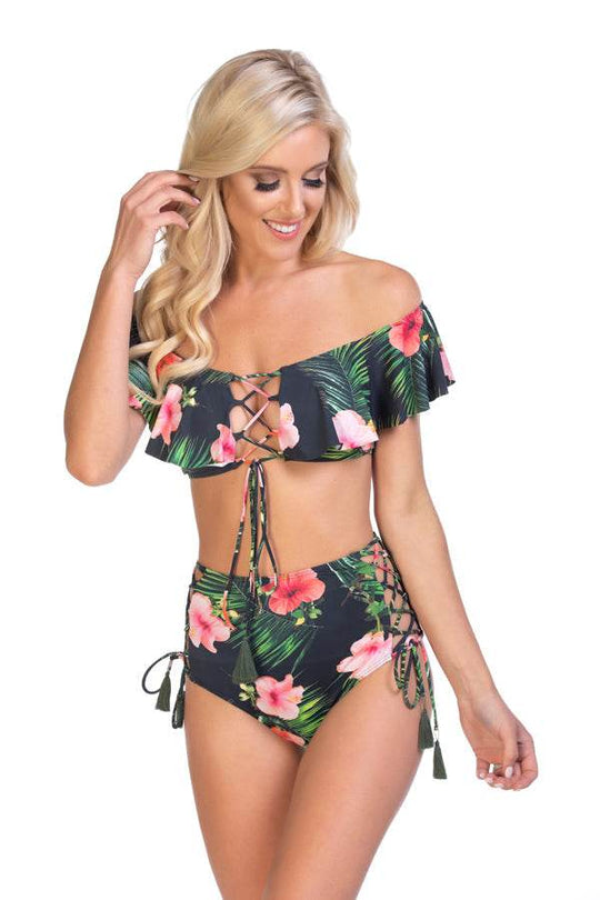 BLACK TROPICAL RUFFLED OFF THE SHOULDER BIKINI SET - One Revolver Surfboards