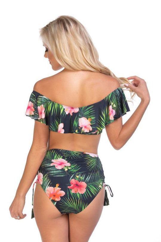 BLACK TROPICAL RUFFLED OFF THE SHOULDER BIKINI SET - One Revolver Surfboards