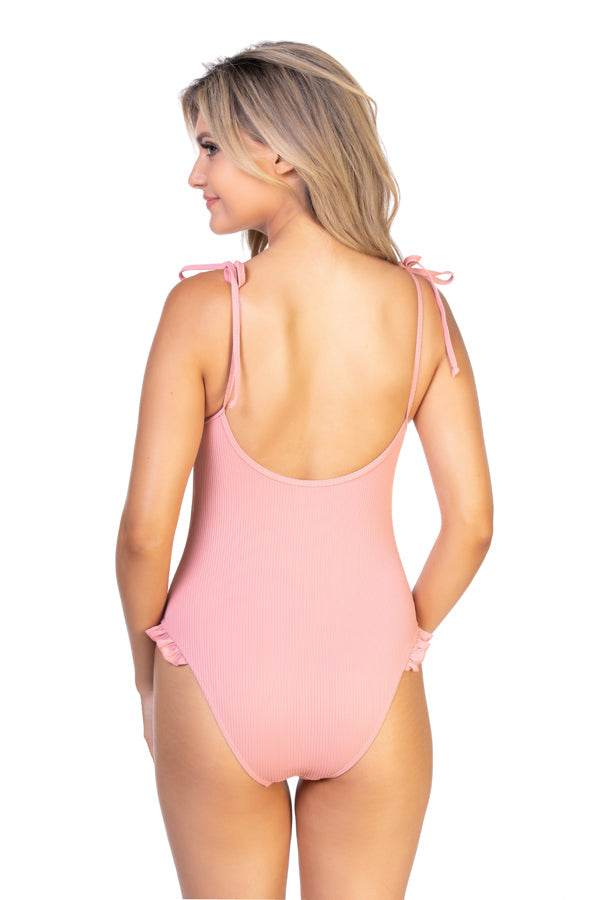 SOLID PINK FIBBED RUFFLE TRIM ONE PIECE - One Revolver Surfboards