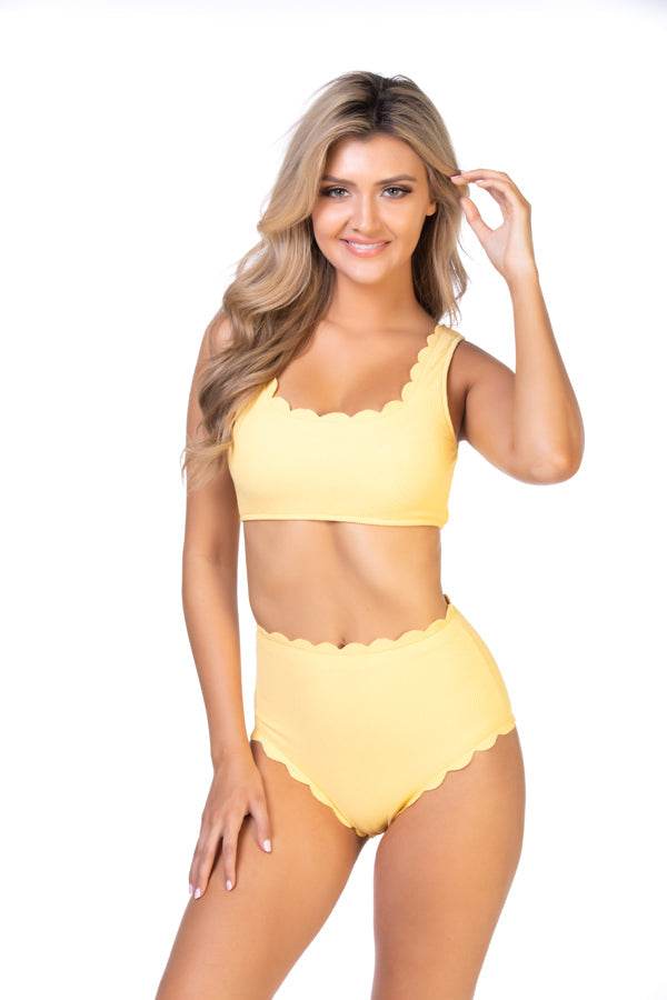 SOLID YELLOW TEXTURED SCALLOP HIGH WAIST BIKINI SET - One Revolver Surfboards