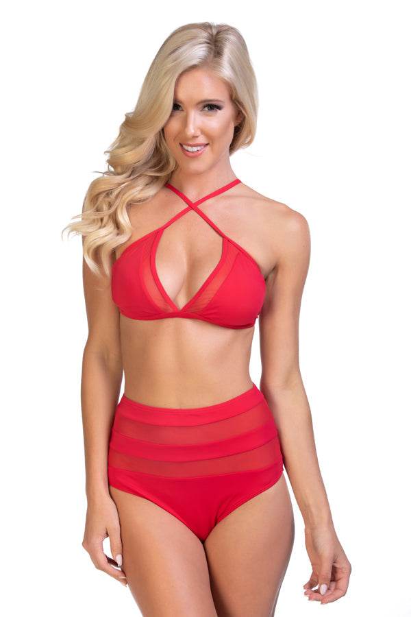 SOLID RED MESH HALTER HIGH WAIST BIKINI SET - One Revolver Surfboards