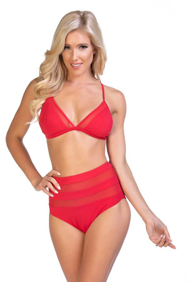 SOLID RED MESH HALTER HIGH WAIST BIKINI SET - One Revolver Surfboards