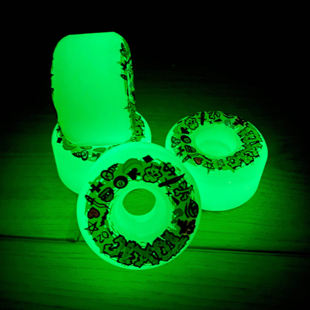 Toxic Team VERY HARD, GLOW-IN-THE DARK (NEON GREEN) Wheels 54mm/102a - Skateboard Wheels - One Revolver Surfboards