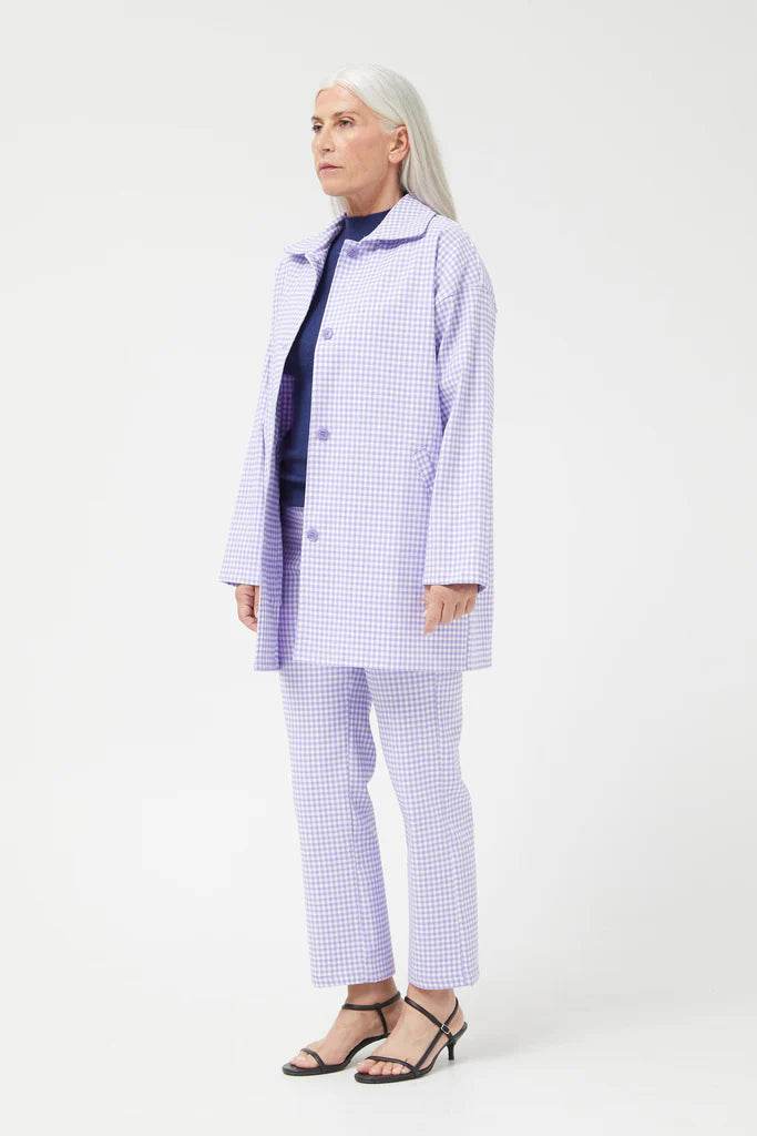 Compania Fantastica Straight lilac gingham check pants & Lilac gingham neoprene trench coat - One Revolver Surfboards