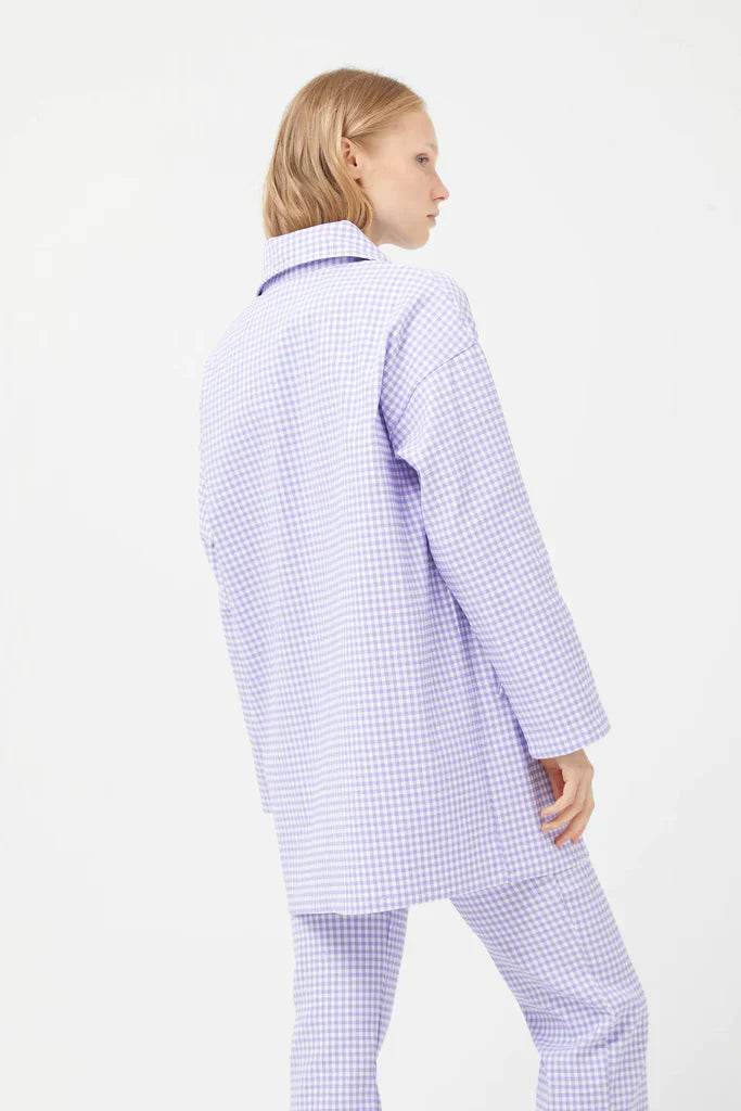 Compania Fantastica Straight lilac gingham check pants & Lilac gingham neoprene trench coat - One Revolver Surfboards