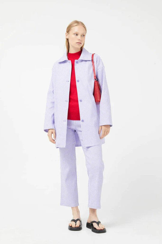 Compania Fantastica Straight lilac gingham check pants & Lilac gingham neoprene trench coat - One Revolver Surfboards