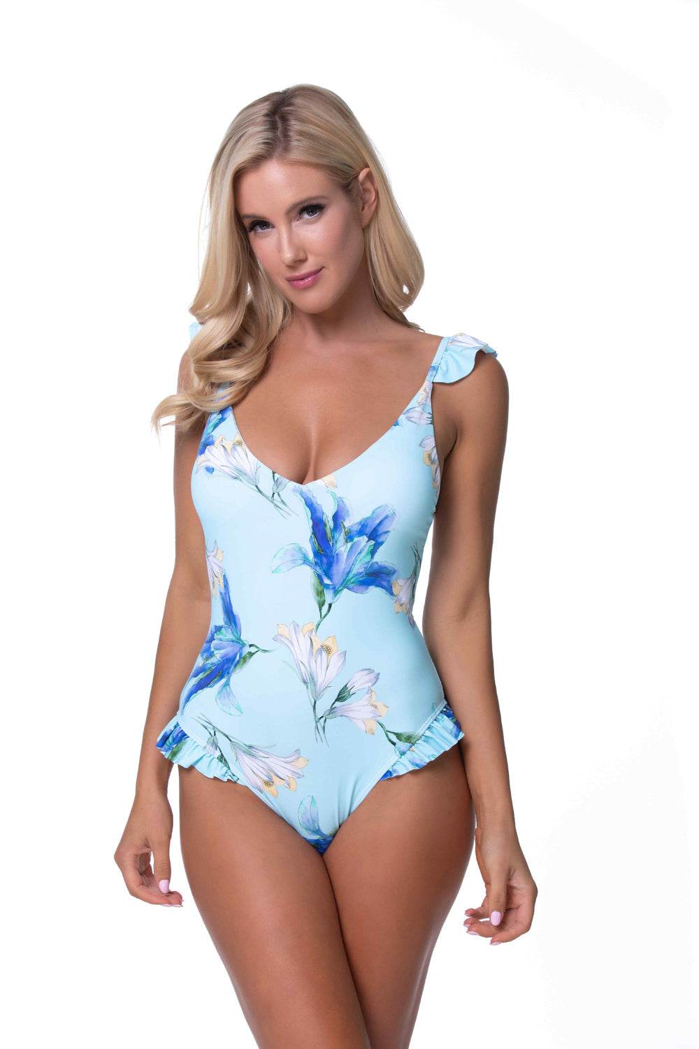 BLUE FLORAL RUFFLE TRIM ONE PIECE SWIMWEAR - One Revolver Surfboards