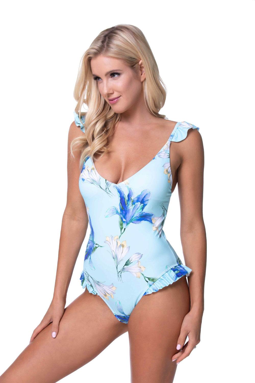 BLUE FLORAL RUFFLE TRIM ONE PIECE SWIMWEAR - One Revolver Surfboards