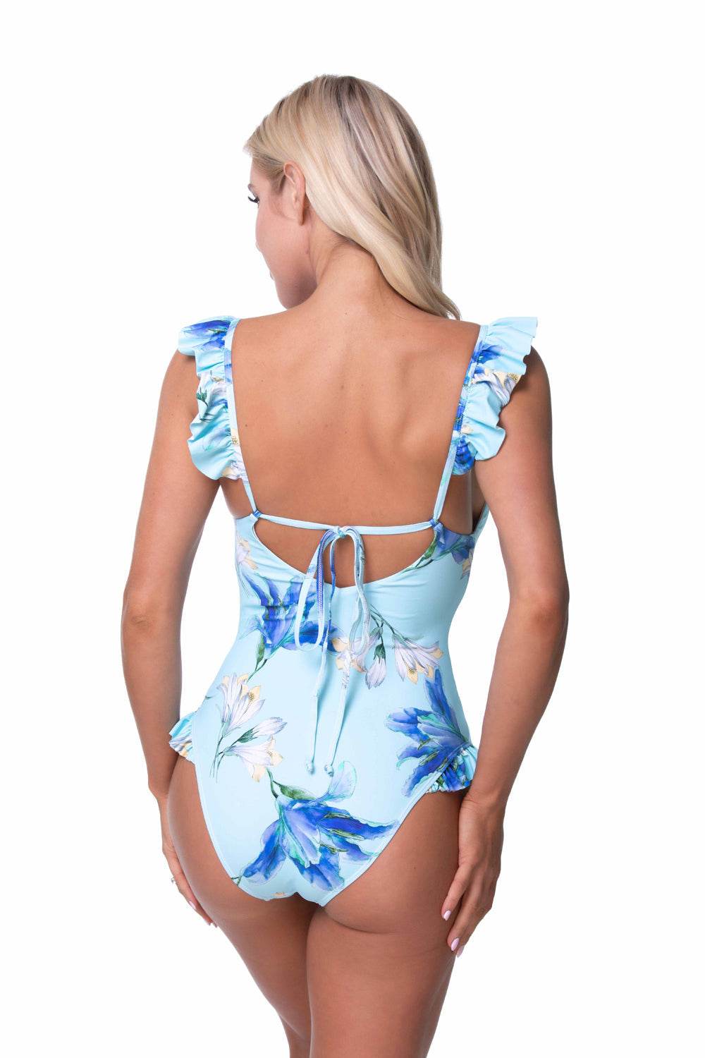 BLUE FLORAL RUFFLE TRIM ONE PIECE SWIMWEAR - One Revolver Surfboards