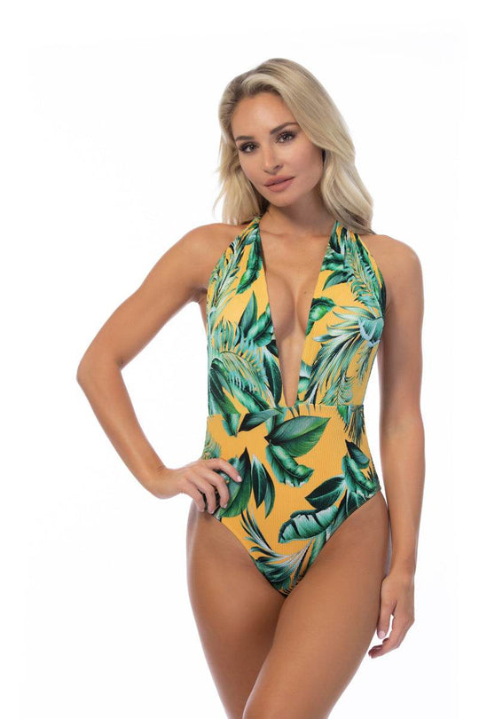 RIBBED TROPICAL V NECK ONE PIECE SWIMSUIT - One Revolver Surfboards