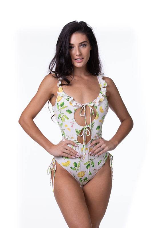 LEMON PRINT RUFFLE TRIM CUTOUT ONE PIECE SWIM - One Revolver Surfboards