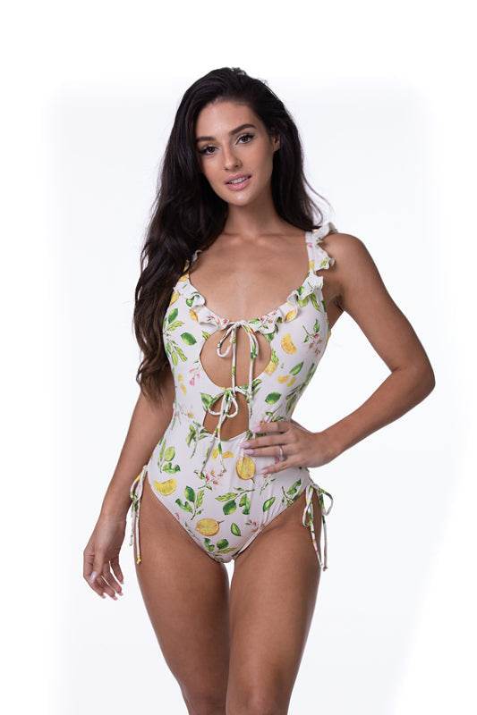 LEMON PRINT RUFFLE TRIM CUTOUT ONE PIECE SWIM - One Revolver Surfboards